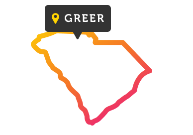 Graphic outline of state of South Caroline with pin marker at Greer location.