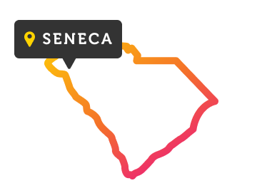 Graphic of South Carolina state outline with Seneca marker.